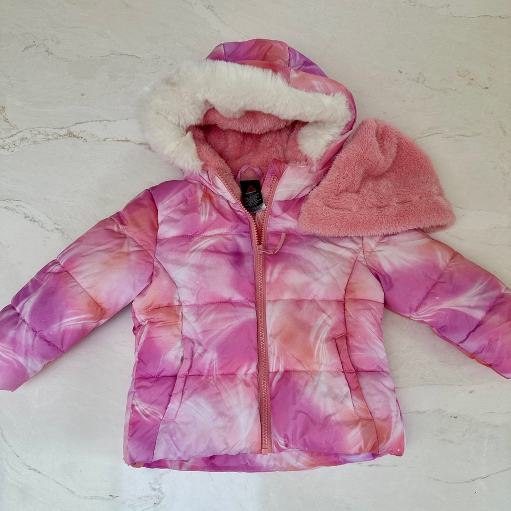 Girls Pink Tie-Dye Puffer Jacket with Faux Fur Hood